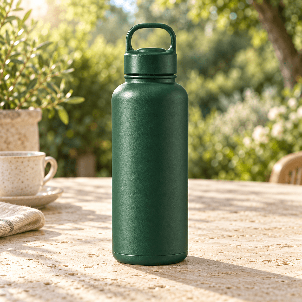 Forest green bottle styled on a sunlit garden table